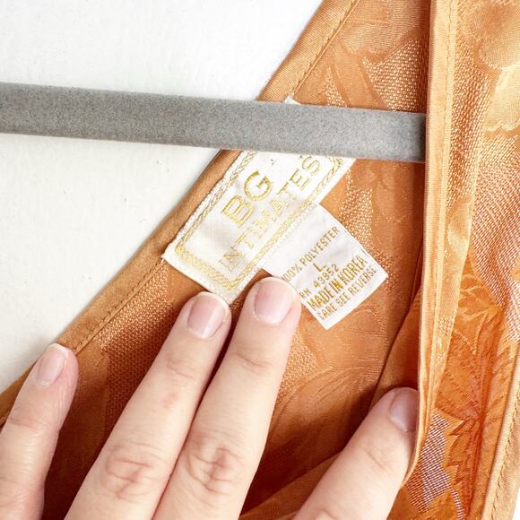 Vintage Satin Embossed Floral Print Slip Dress Orangish Brown Deep V-Neck Large - Picture 7 of 10